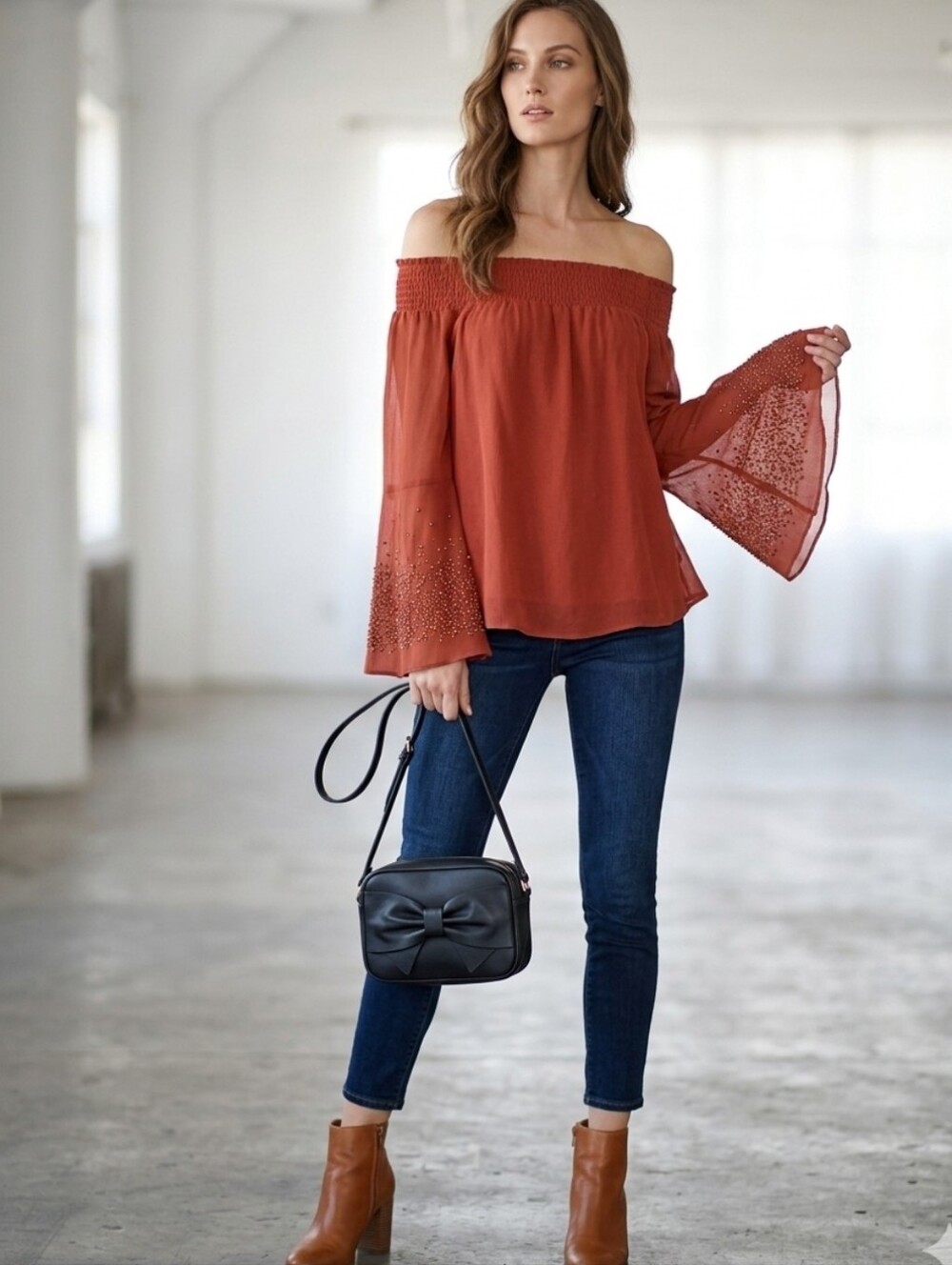 Chloe Oliver Off the Shoulder Beaded Bell Sleeve Boho Blouse Rust Orange - S